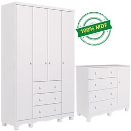 Quarto de Bebê Completo Guarda Roupa 4 Portas Cômoda 1 Porta 4 Gavetas 100% Mdf Junior - 2