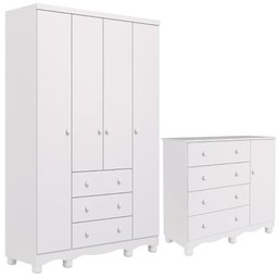 Quarto de Bebê Completo Guarda Roupa 4 Portas Cômoda 1 Porta 4 Gavetas 100% Mdf Junior - 1