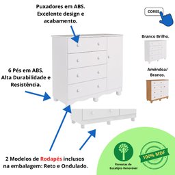Quarto de Bebê Completo Guarda Roupa 4 Portas Cômoda 1 Porta 4 Gavetas 100% Mdf Junior - 4