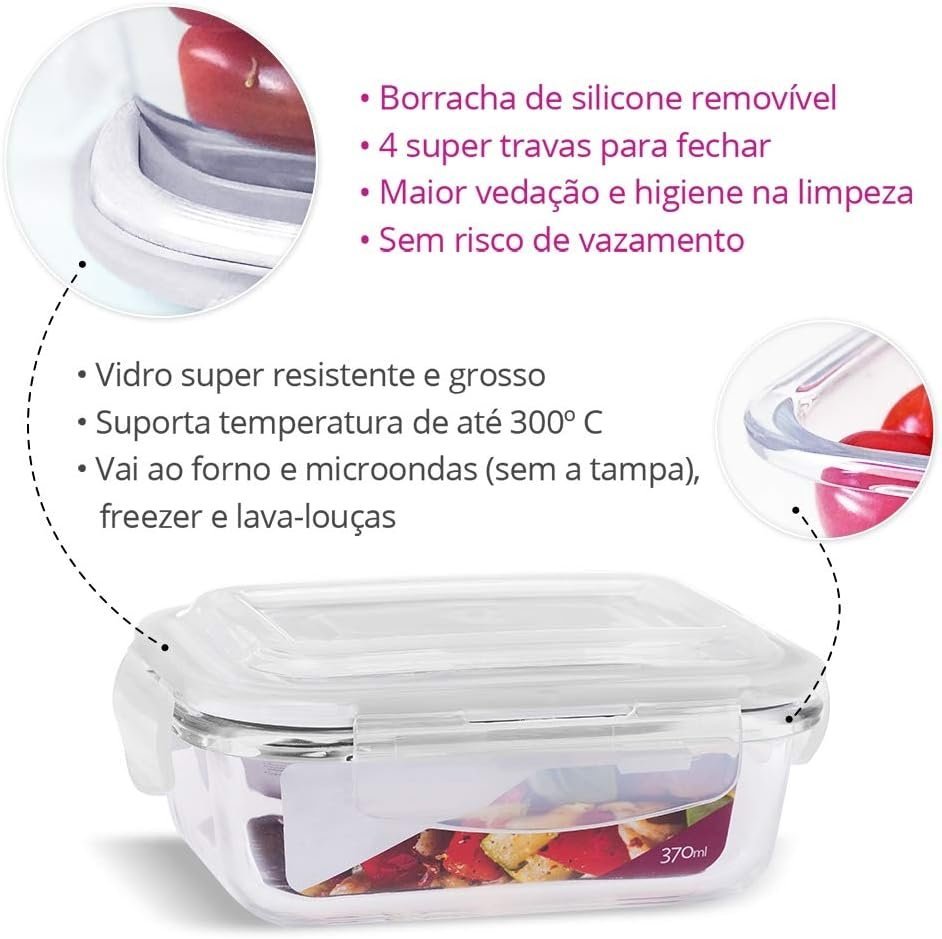 Pote Hermético de Vidro Marmita Kit C/ 6 de 370ml com Travas - 5