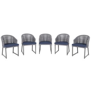 5 Cadeira Noronha Aluminio Micro Pintura Grafite, Tr. Telinha Corda Nautica Grafite, Estofado - Azul