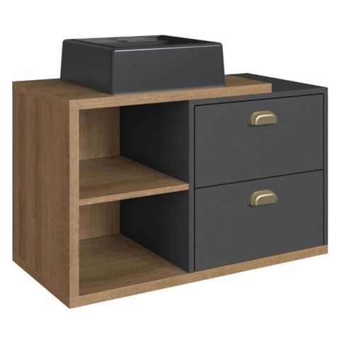 Gabinete de Banheiro Suspenso 80cm Helena com 02 Gavetas Mel/grafite e Cuba Preta