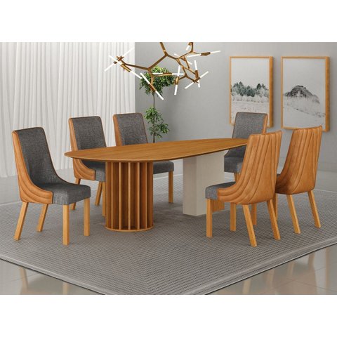 Conjunto Jantar 6 Cadeiras Maciça 180x90 Pilar C Arbo Design/ Cinaomo Off Linho Chumbo