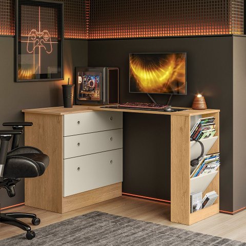 Cômoda com Mesa Giratória Gamer Freijó Off White Qmovi