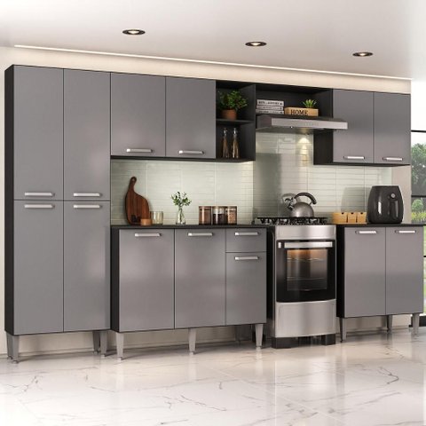 Armário Cozinha Modulada Completa 298cm Pequim Top Multimóveis Mp3768 Preto/lacca Fumê