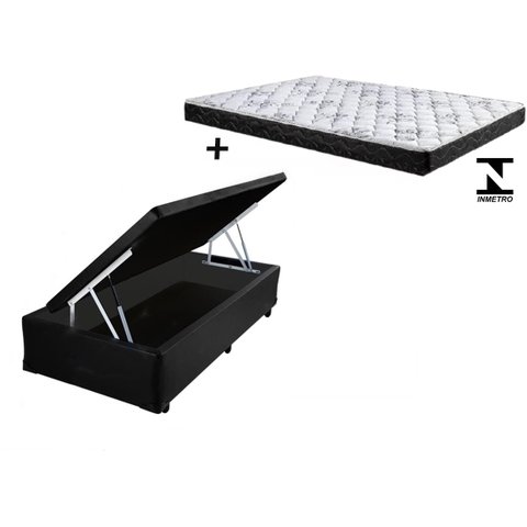 Cama Box Baú Solteiro Conforto Sintético Preto + Colchão Solteiro Conforto Espuma D23 14x88x188