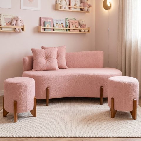 Conjunto Sofá Curvo Orgânico + 02 Puff Luna Boucle Rosa - Montanaris Decor