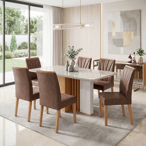 Conjunto Sala de Jantar 6 Lugares Retangular Tampo Vidro/MDF 160cm Mesa Astrid com Cadeiras Apogeu Marrom Amêndoa Clean/Off White/Avelã