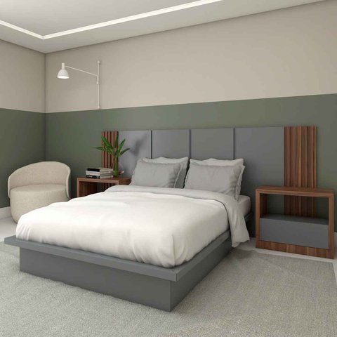 Cama Casal 1,48m Cabeceira e 2 Mesas Laterais Mdf sob Medida Cor:nogueira Cadiz com Cinza Sagrado