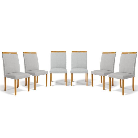 Kit com 6 Cadeiras Agnes Madeira Maciça Estofadas para Mesa de Jantar Linho Cinza 407