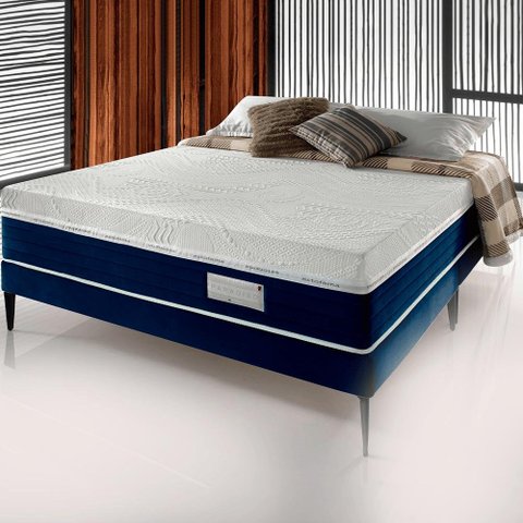 Cama Box Colchão Paradiso + Base Luxo King Azul Estofama