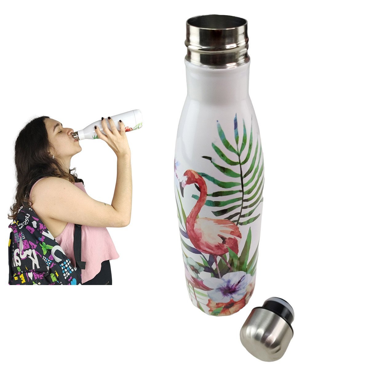 Garrafa Termica 500ml Estampada Flamingo Flores Inox Floral Florido Trabalho Dia a Dia Treino Academ - 3