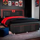 Ver imagem 2 de Kit Quarto Gamer Baú e Painel Fighter Usb 160cm Cama Queen:preto e Vermelho