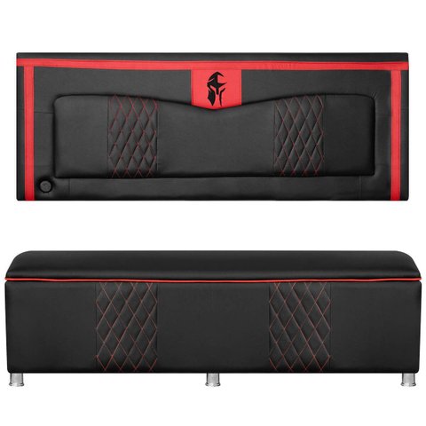 Kit Quarto Gamer Baú e Painel Fighter Usb 160cm Cama Queen:preto e Vermelho