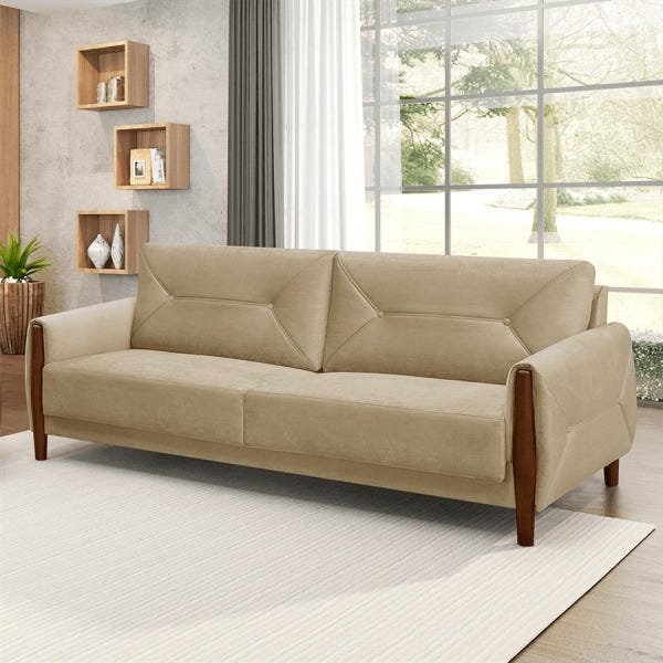 Sofá de Living Giacomo 3 Lugares (L: 2,20M) com Braços de Madeira Suede Liso Bege - 10