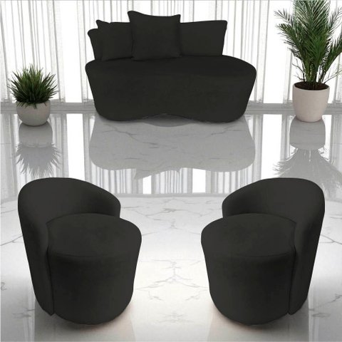 Kit Namoradeira + 2 Poltronas Yara Orgânica Veludo Preto