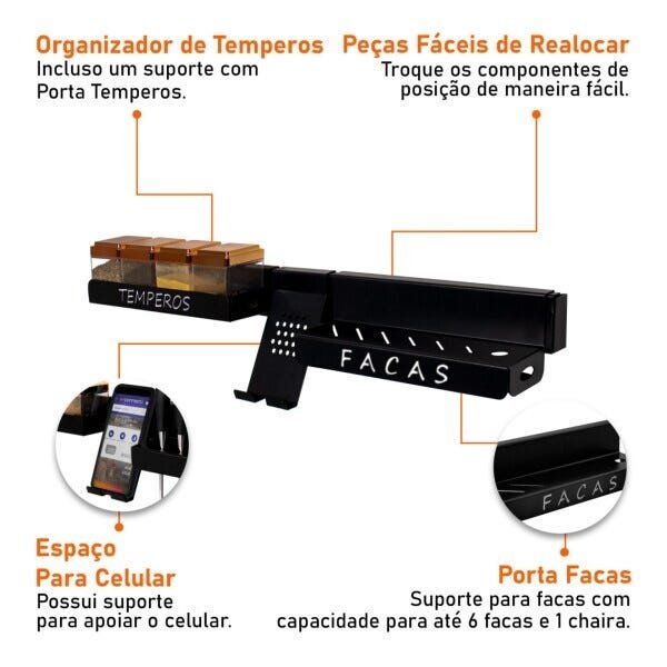 Utensílios Para Barra de Cozinha 63cm com Suporte Para Celular - 8