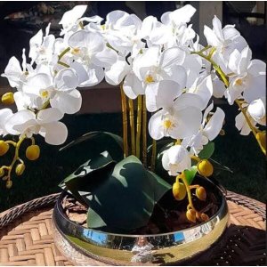 Arranjo Artificial de 5 Orquídeas de Silicone branca com vaso de vidro Cromado Prata
