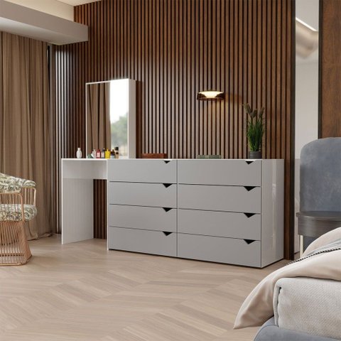 Cômoda Veneza 8 Gavetas com Espelho Cinza/Branco - Panorama Móveis