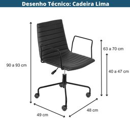 Cadeira Escritório Giratória Baixa Lima Or Design em Pu Preto Base Aço Preto Rodízio Nylon - 4