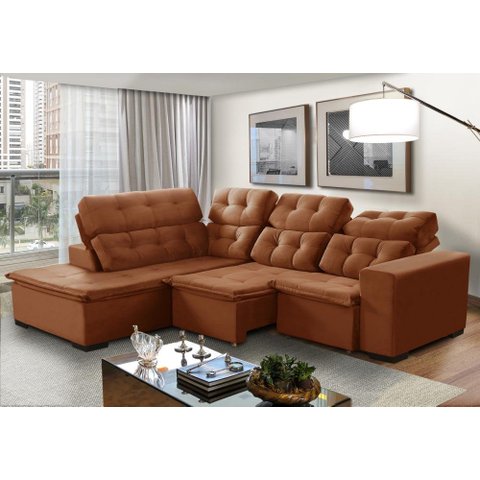 Sofá de Canto Retrátil e Reclinável 6 Lugares Pillow Top Suede Berlim Terracota
