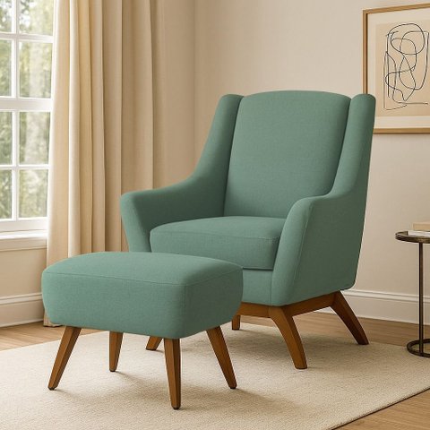 Poltrona Dekorien Juliet Premium Linho Verde Salvia com Puff