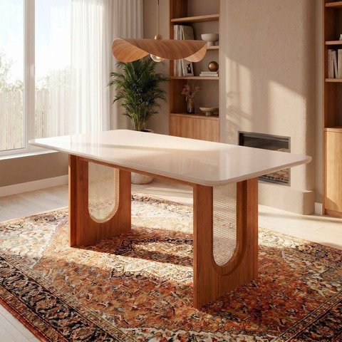 Mesa de Jantar Retangular 6 Lugares 180cm MDF/Vidro Tali CabeCasa MadeiraOriginals Bege