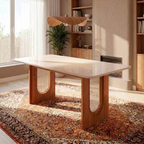 Mesa de Jantar Retangular 6 Lugares 180cm MDF/Vidro Tali CabeCasa MadeiraOriginals Bege