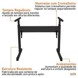 Mesa de Escritório Gamer com Regulagem de Altura Preta sem Tampo - 6