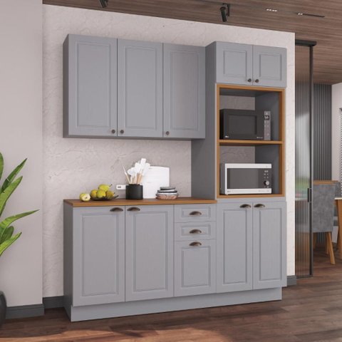 Armário de Cozinha Modulada Compacta Fidelitá Nara 100% MDF 3 Peças 190cm 10 Portas 2 Gavetas com