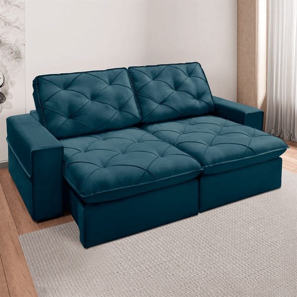 Sofá Shellda 3 Lugares (L: 2,30M) Retrátil e Reclinável Suede Aveludado Azul Dst - 9