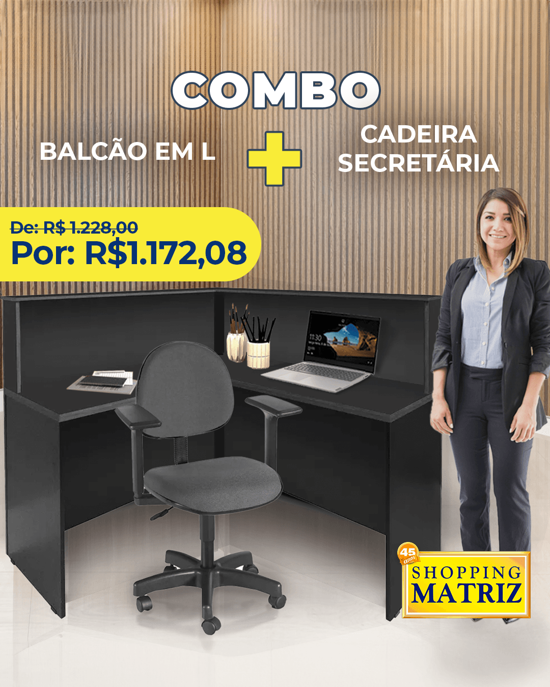 Kit Recepção com Balcão em "l" Sm sem Faixa Frontal + Cadeira Secretária Giratória com Braço Turim 9 - 8