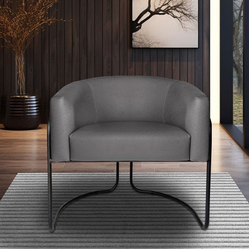 Poltrona Sofia Luxo Moderna com Base Aço Preto para Sala Corino Cinza Bz Decor