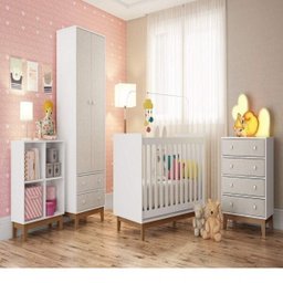 Quarto de bebê Completo com Guarda-Roupa 2 Portas, Berço, Cômoda 4 Gavetas e Estante Baixa Retrô Esp - 1