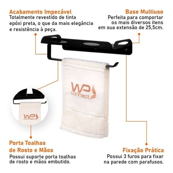 Toalheiro 25cm Com Prateleira Para Porta Sabonete Liquido e Algodão - 8