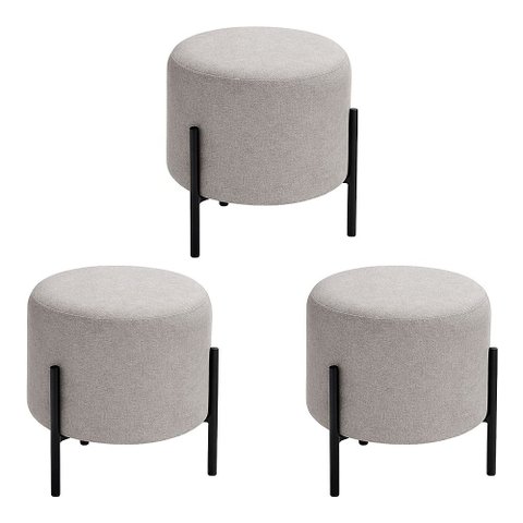 Kit com 3 Puffs Luxor Redondos em Linho Pés de Ferro Design Minimalista Sala Moderna Premium - Cinza