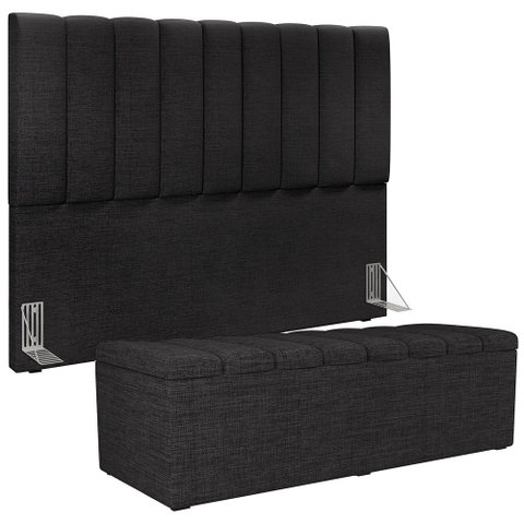 Kit Cabeceira Cama Box Casal 140cm com Calçadeira Recamier Baú Dália W01 Linho Chumbo - Lyam