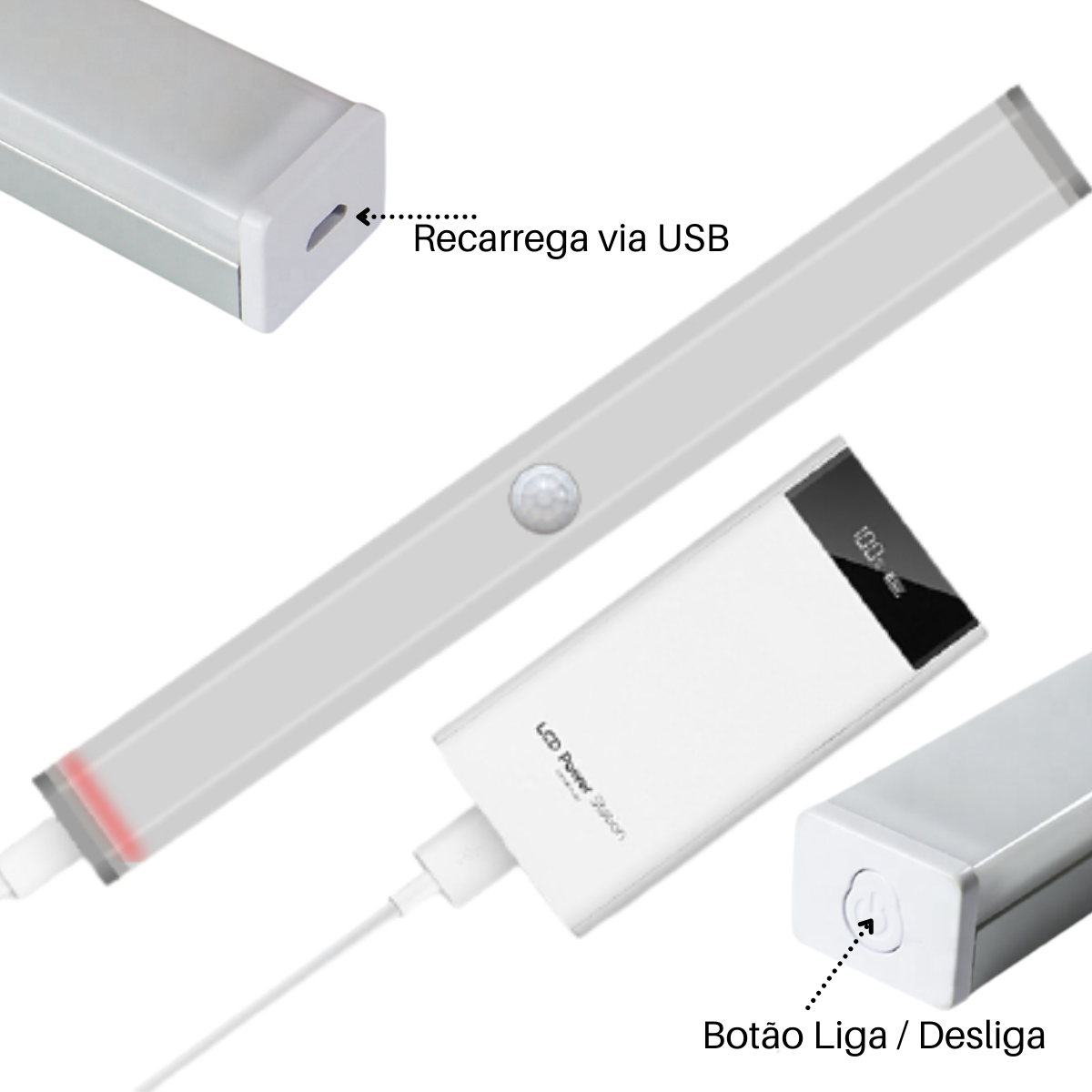 Kit 3 Luminárias Lâmpada Barra Led Sobrepor Branco de 30CM Sensor de Presença USB Para Armários Clos - 5
