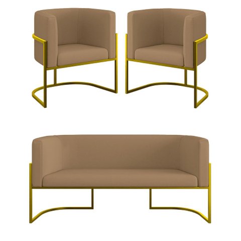 Kit 2 Poltronas + Sofá 2 Lugares Base de Metal Gold Veludo Cor:capuccino