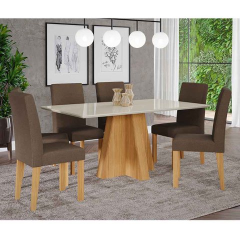 Conjunto Sala de Jantar Mesa Patricia 160x80 e 6 Cadeiras Maia Cimol Nature/Off White/Mascavo