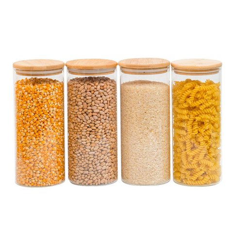 Kit 4 Potes de Vidro 1,6l Tampa de Bambu Herméticos Redondos - Tüd