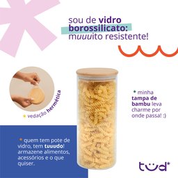 Kit 4 Potes de Vidro 1,6l Tampa de Bambu Herméticos Redondos - Tüd - 4