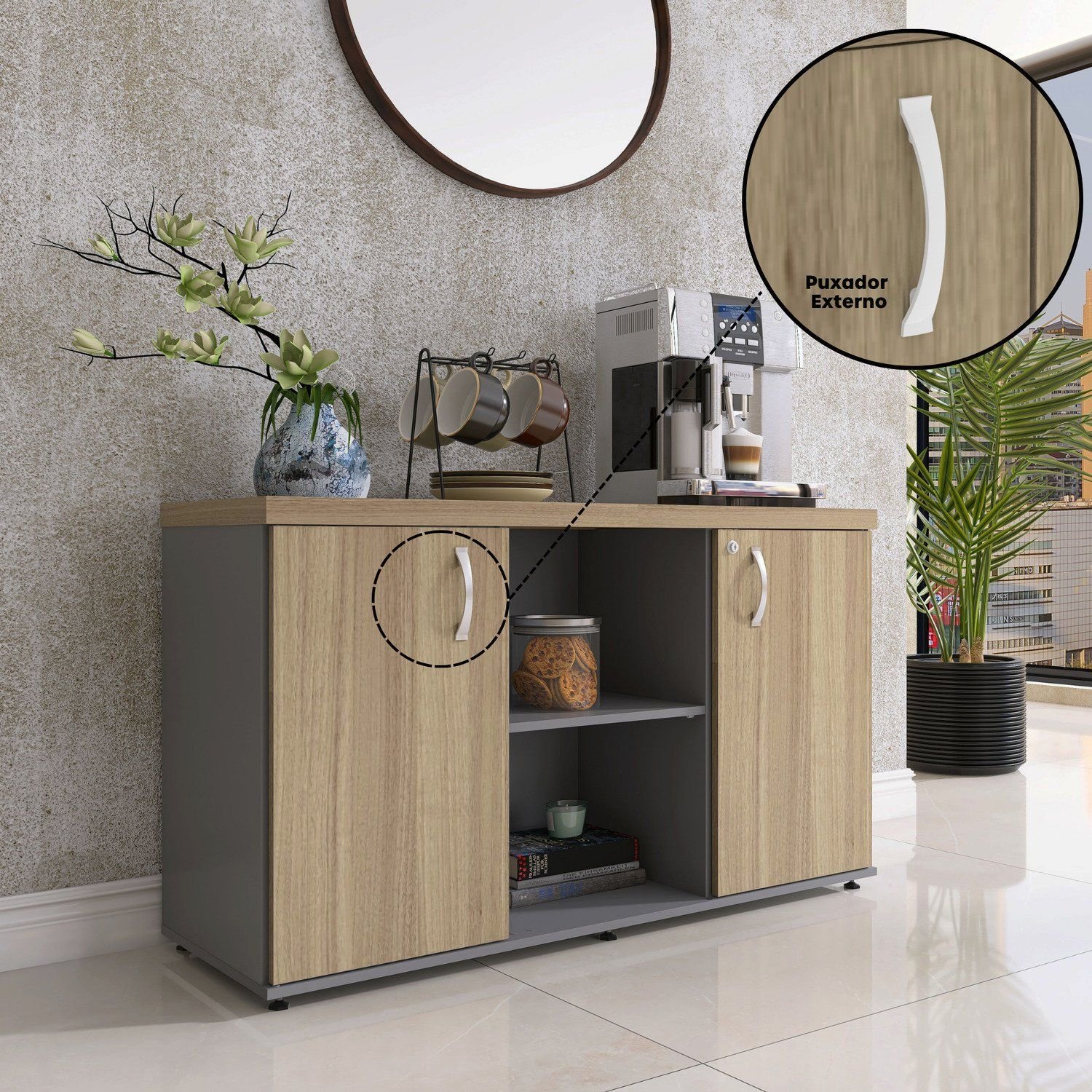 Armário Baixo com Nicho 2 Portas Pivotante Credenza | MadeiraMadeira