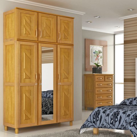 Conjunto de Quarto Grécia: Guarda-Roupa 6 Portas Maleiro Cômoda 6 Gavetas Madeira Pinus Mel - Cavazo