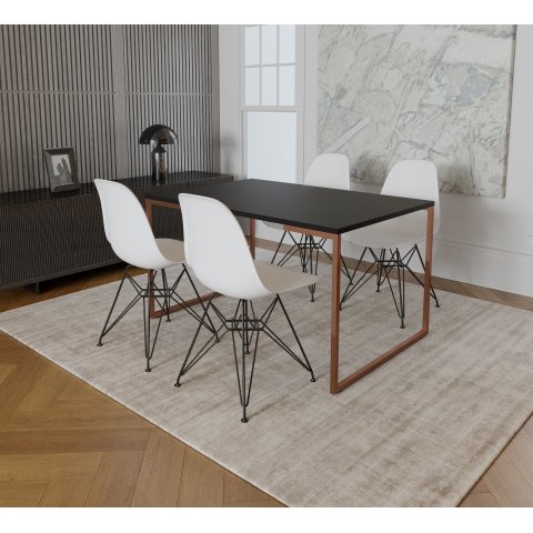 Mesa Industrial Base Ferro Cobre Tampo 137x90 Preto 4 Cadeiras Eames Ferro Preto Assento Branco