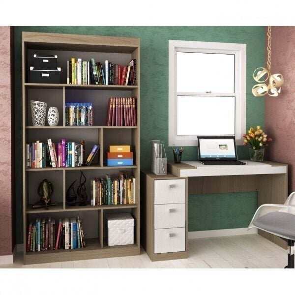Conjunto Home Office com Escrivaninha e Estante para Livros Móveis - 1