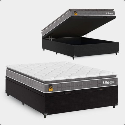 Cama Box Baú Casal Preto + Colchão Life D33 Pillow Top 61x138x188cm Cinza - e-Shop Casa