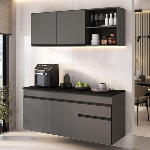 Cozinha Modulada Compacta Suspensa com Balcão para Pia 150cm Milano Multimóveis MP2478 Grafite