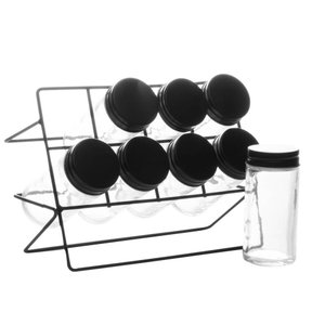 Jogo 8 Potes Lyor para Temperos de Vidro e Suporte Preto