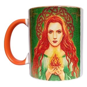 CANECA DE CERÂMICA BRANCA RESINADA COM INTERIOR E ALÇA LARANJA (DEUSA WICCA)